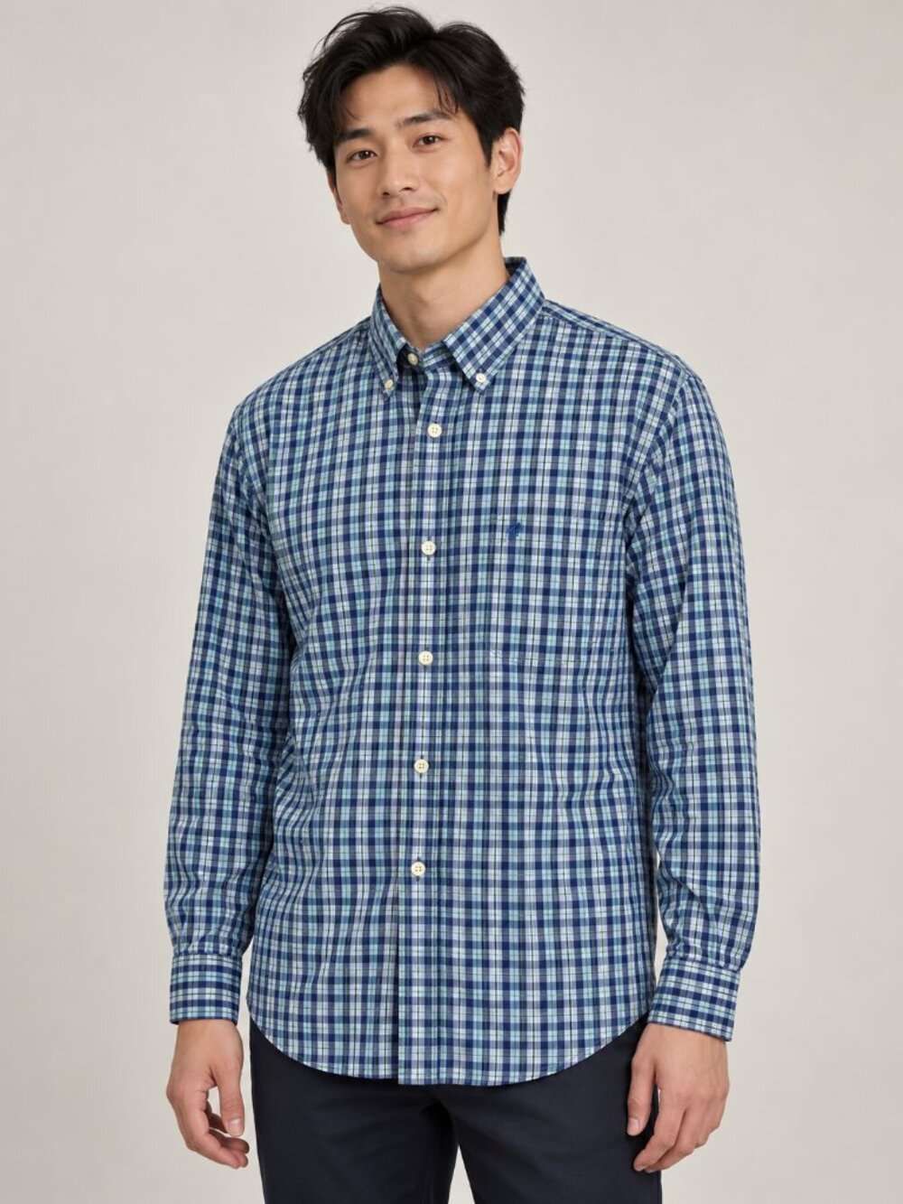 IZOD Premium Essentials Blue Plaid Button Down Shirt Men L 100% Cotton Preppy